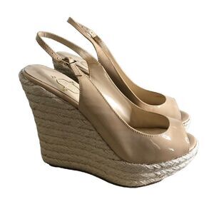 NEW Footcandy Costa Rica Nude Patent Leather Peep Toe Wedge Sandals NWT